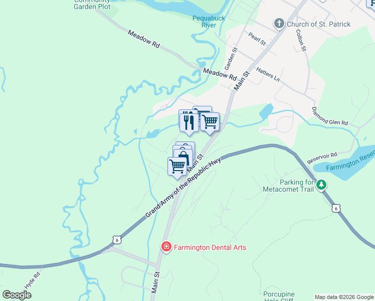 map of restaurants, bars, coffee shops, grocery stores, and more near 130 Wellington Drive in Farmington