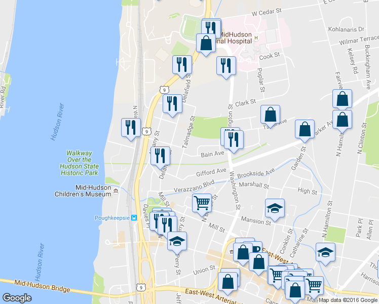 map of restaurants, bars, coffee shops, grocery stores, and more near 59 Talmadge Street in Poughkeepsie