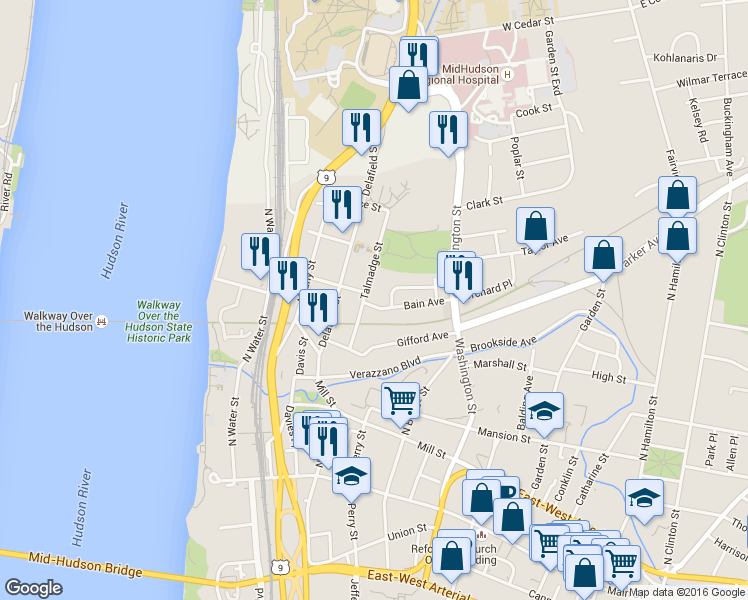 map of restaurants, bars, coffee shops, grocery stores, and more near 59 Talmadge Street in Poughkeepsie