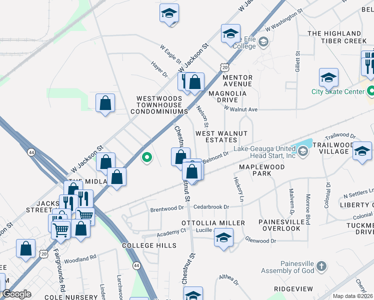 map of restaurants, bars, coffee shops, grocery stores, and more near 86 Hartshorn Drive in Painesville