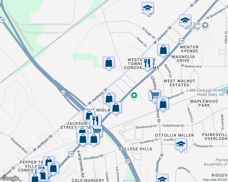map of restaurants, bars, coffee shops, grocery stores, and more near 958 West Jackson Street in Painesville