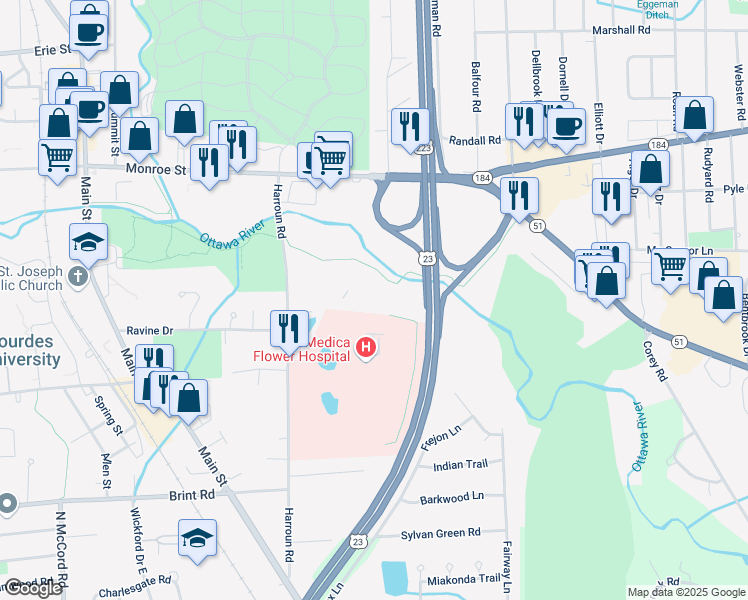 map of restaurants, bars, coffee shops, grocery stores, and more near 5350 Harroun Road in Sylvania