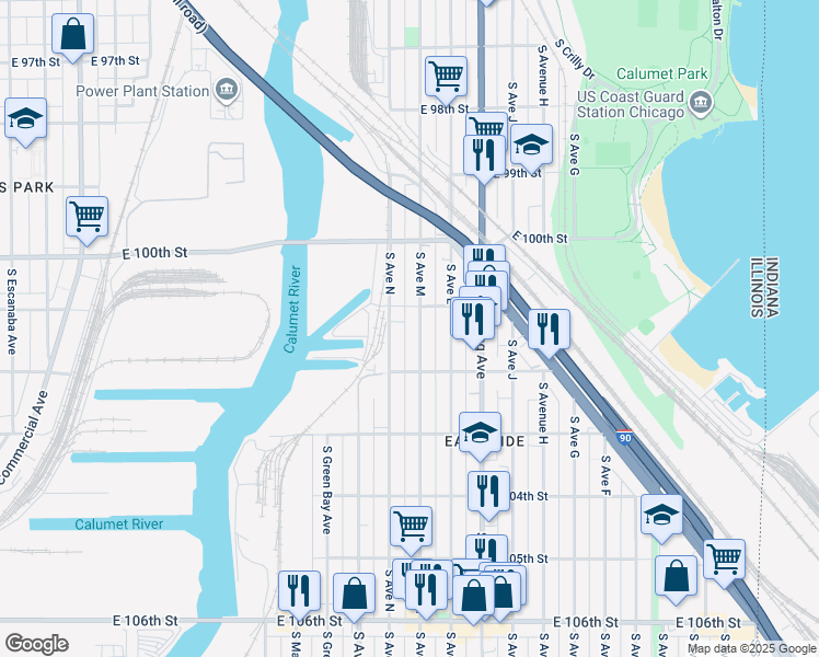 map of restaurants, bars, coffee shops, grocery stores, and more near 10063 South Avenue North in Chicago
