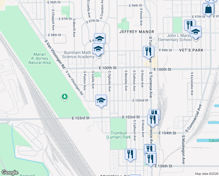 map of restaurants, bars, coffee shops, grocery stores, and more near 10055 South Oglesby Avenue in Chicago