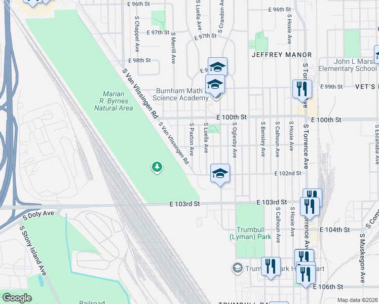 map of restaurants, bars, coffee shops, grocery stores, and more near 10052 South Paxton Avenue in Chicago