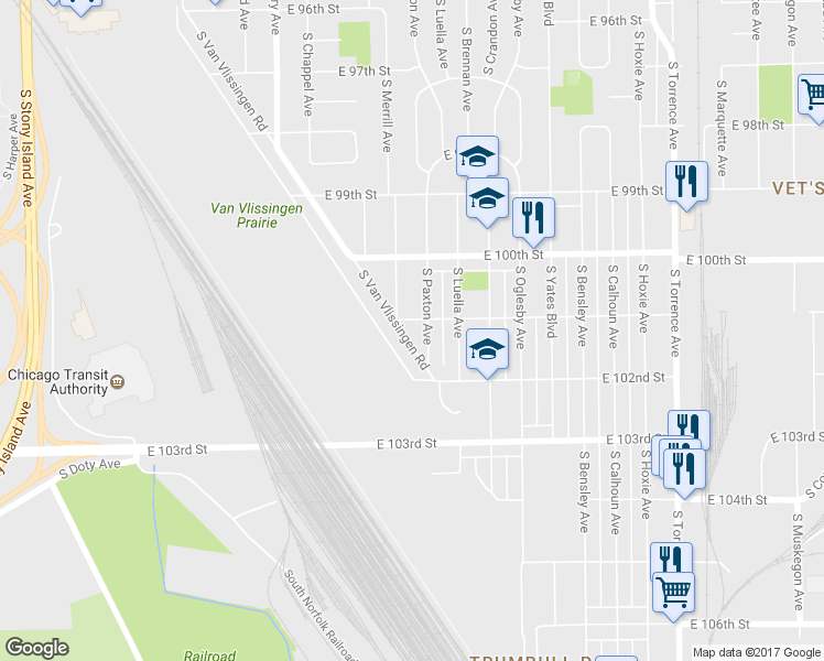 map of restaurants, bars, coffee shops, grocery stores, and more near 10052 South Paxton Avenue in Chicago