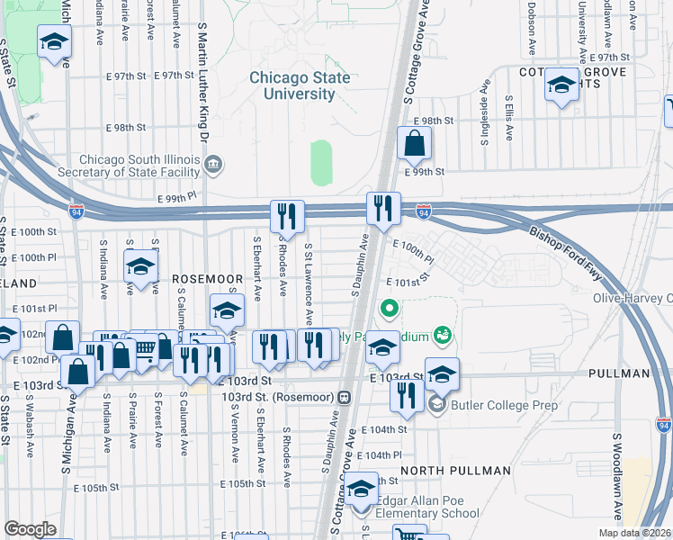 map of restaurants, bars, coffee shops, grocery stores, and more near 636 East 100th Place in Chicago