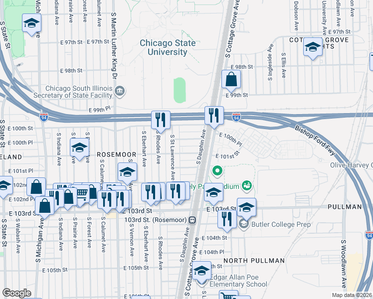 map of restaurants, bars, coffee shops, grocery stores, and more near 636 East 100th Place in Chicago