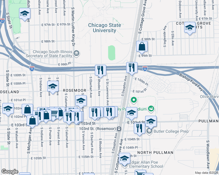 map of restaurants, bars, coffee shops, grocery stores, and more near 10028 South Saint Lawrence Avenue in Chicago