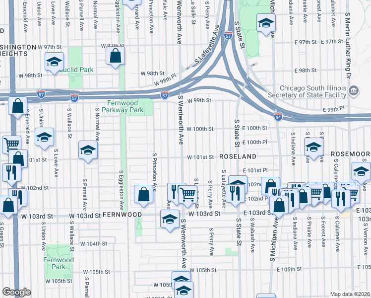 map of restaurants, bars, coffee shops, grocery stores, and more near 10018 South Wentworth Avenue in Chicago
