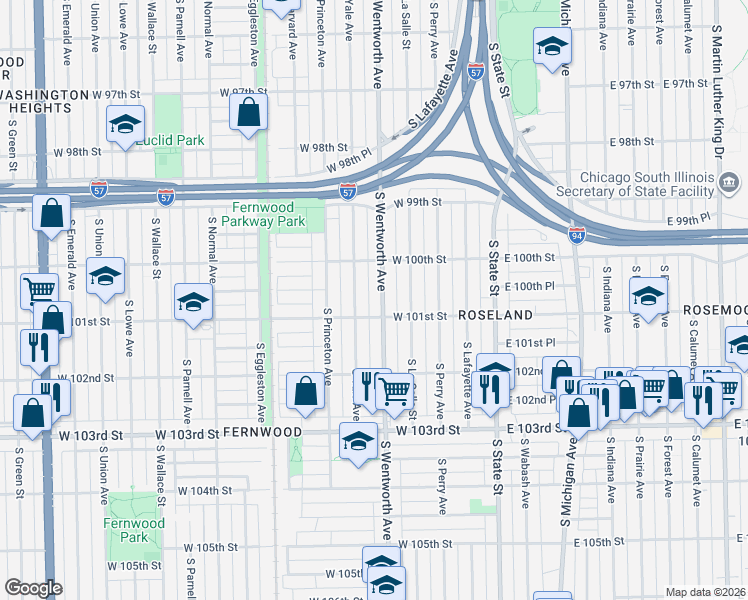 map of restaurants, bars, coffee shops, grocery stores, and more near 10018 South Wentworth Avenue in Chicago
