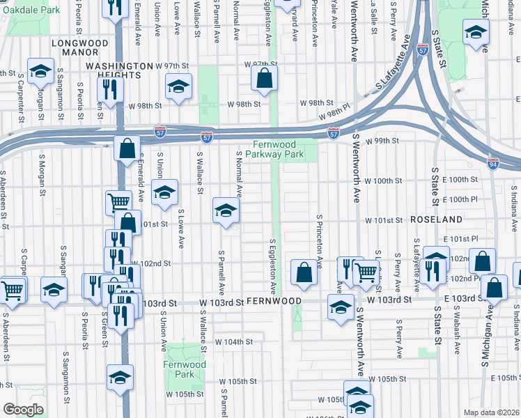 map of restaurants, bars, coffee shops, grocery stores, and more near 414 West 100th Place in Chicago