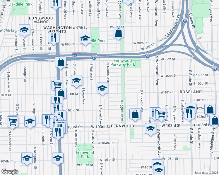 map of restaurants, bars, coffee shops, grocery stores, and more near 10014 South Normal Avenue in Chicago