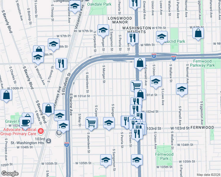 map of restaurants, bars, coffee shops, grocery stores, and more near 10009 South Sangamon Street in Chicago