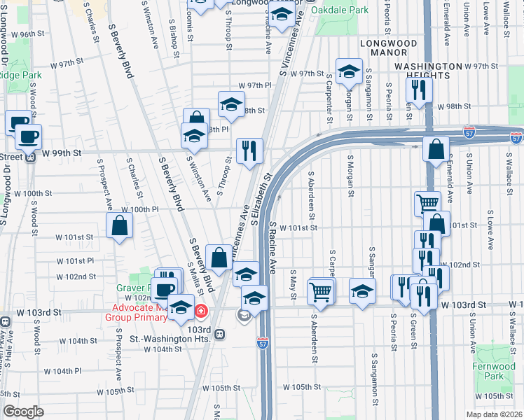 map of restaurants, bars, coffee shops, grocery stores, and more near 9970 South Vincennes Avenue in Chicago