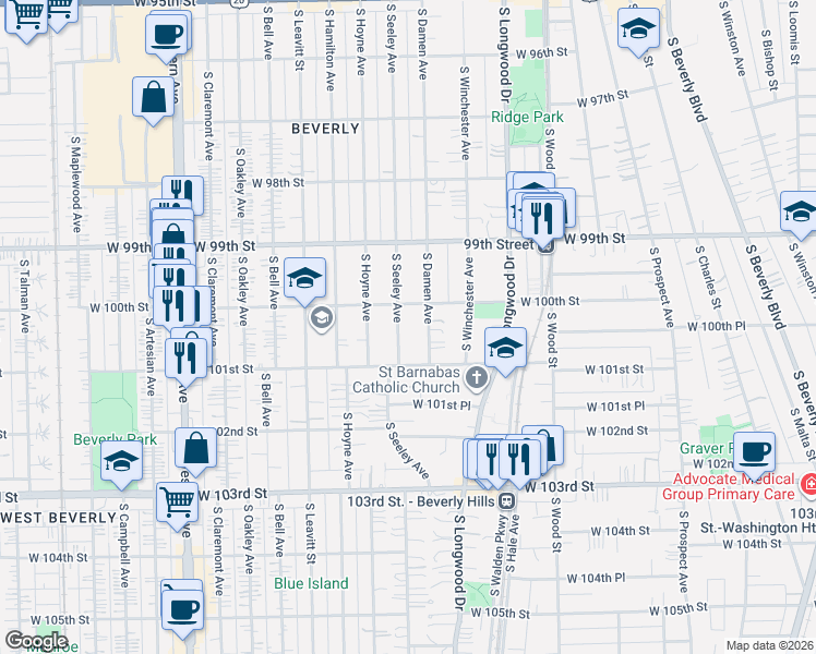 map of restaurants, bars, coffee shops, grocery stores, and more near 9956 South Seeley Avenue in Chicago