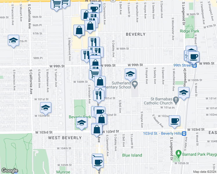 map of restaurants, bars, coffee shops, grocery stores, and more near 9958 South Oakley Avenue in Chicago