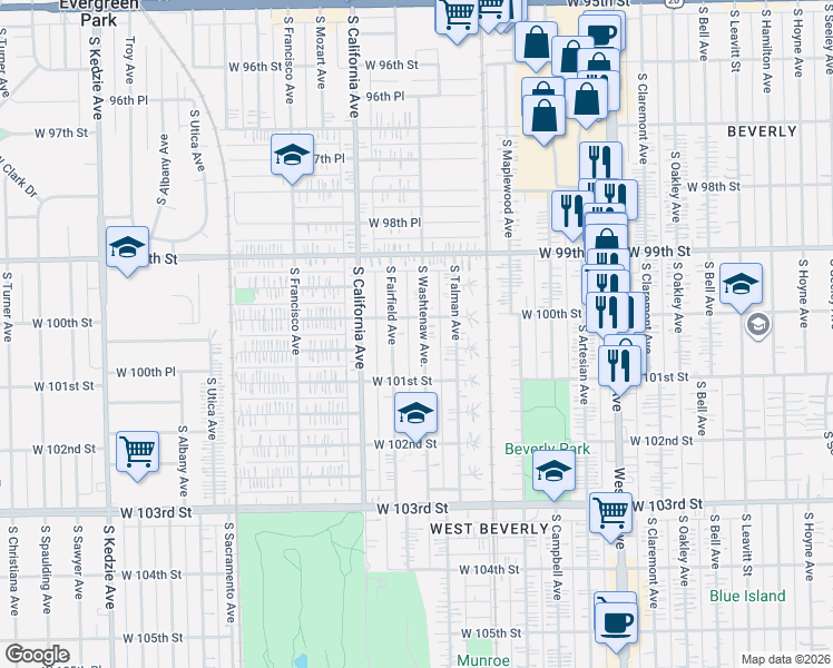 map of restaurants, bars, coffee shops, grocery stores, and more near 9955 South Fairfield Avenue in Chicago