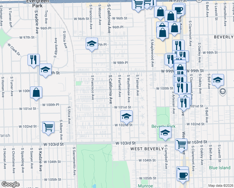 map of restaurants, bars, coffee shops, grocery stores, and more near 9953 South California Avenue in Chicago