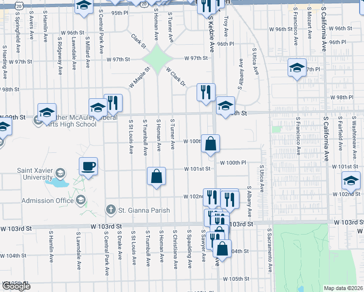map of restaurants, bars, coffee shops, grocery stores, and more near 9947 South Turner Avenue in Evergreen Park