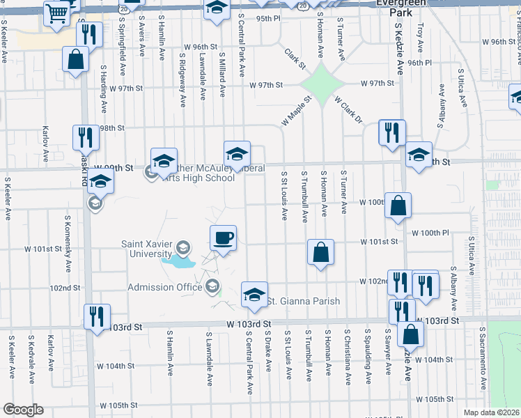 map of restaurants, bars, coffee shops, grocery stores, and more near 9941 South Central Park Avenue in Evergreen Park