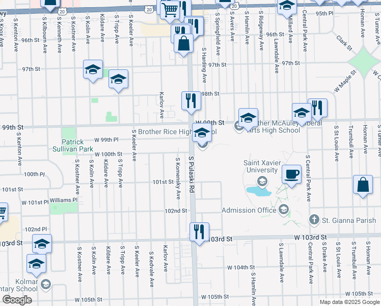 map of restaurants, bars, coffee shops, grocery stores, and more near 9928 South Pulaski Road in Oak Lawn