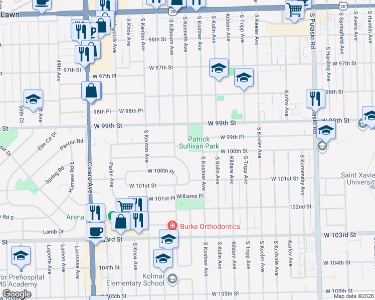 map of restaurants, bars, coffee shops, grocery stores, and more near 9920 South Kenneth Avenue in Oak Lawn