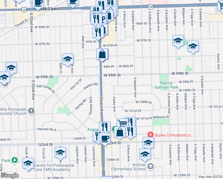 map of restaurants, bars, coffee shops, grocery stores, and more near 4720 West 99th Place in Oak Lawn