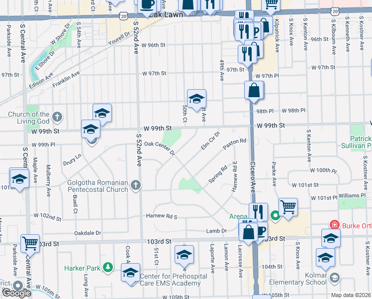 map of restaurants, bars, coffee shops, grocery stores, and more near 9917 Harnew Road West in Oak Lawn