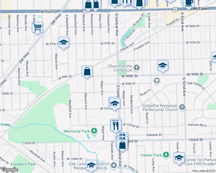 map of restaurants, bars, coffee shops, grocery stores, and more near 5632 West 99th Place in Oak Lawn