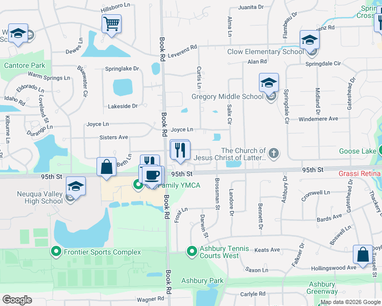 map of restaurants, bars, coffee shops, grocery stores, and more near 1931 Tamahawk Lane in Naperville