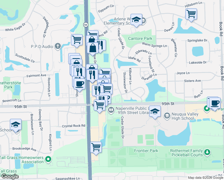 map of restaurants, bars, coffee shops, grocery stores, and more near 2855w 95th Street in Naperville