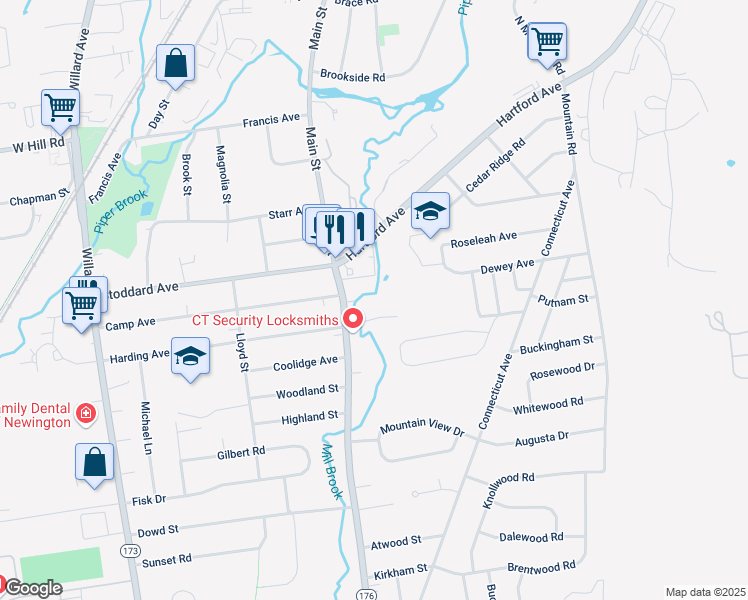 map of restaurants, bars, coffee shops, grocery stores, and more near 326 Main Street in Newington