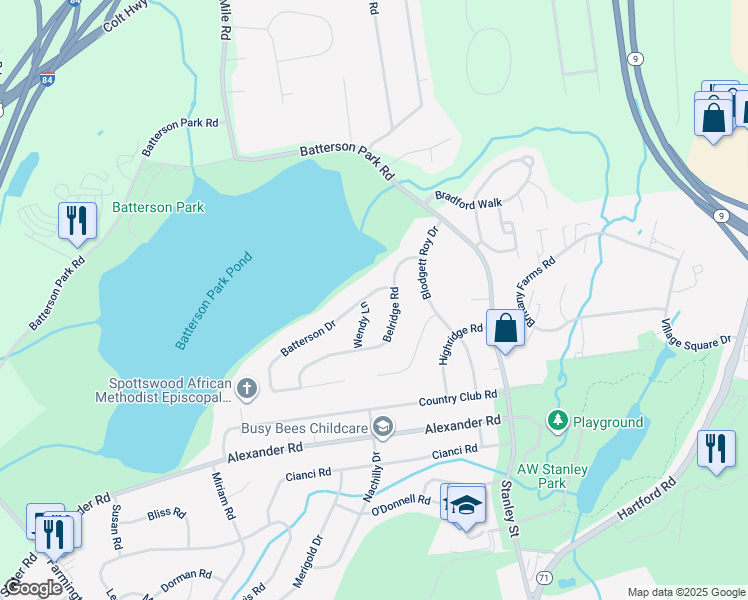 map of restaurants, bars, coffee shops, grocery stores, and more near 34 Batterson Drive in New Britain