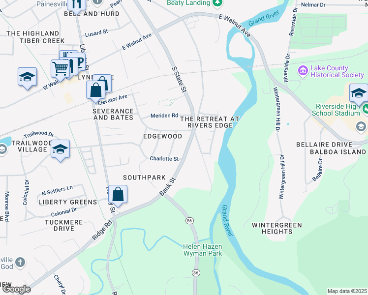 map of restaurants, bars, coffee shops, grocery stores, and more near 858 Bank Street in Painesville