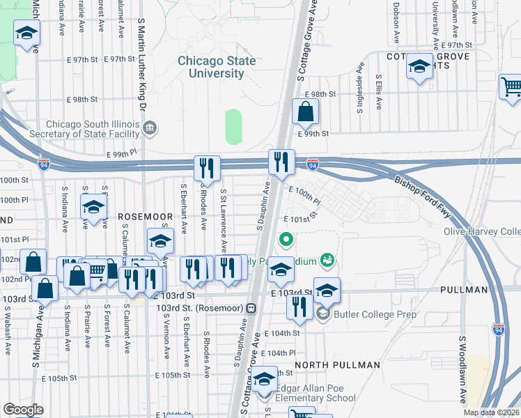map of restaurants, bars, coffee shops, grocery stores, and more near 662 East 100th Place in Chicago