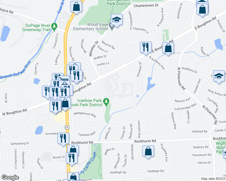 map of restaurants, bars, coffee shops, grocery stores, and more near 431 Wright Court in Bolingbrook
