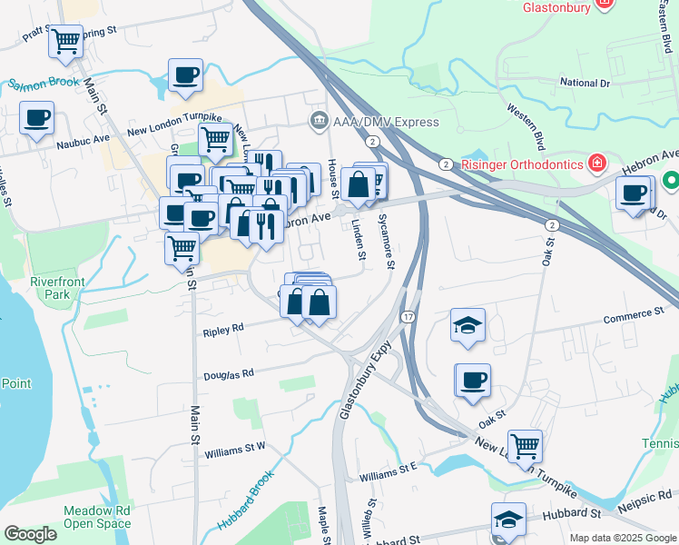 map of restaurants, bars, coffee shops, grocery stores, and more near 77 Clinton Street in Glastonbury