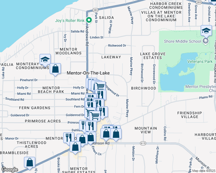 map of restaurants, bars, coffee shops, grocery stores, and more near 5853 Springwood Drive in Mentor-on-the-Lake