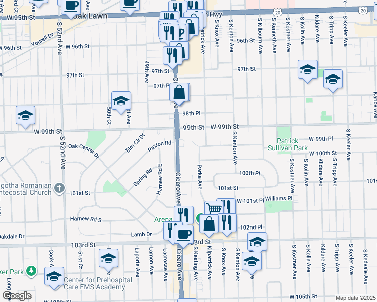 map of restaurants, bars, coffee shops, grocery stores, and more near 4720 West 99th Place in Oak Lawn