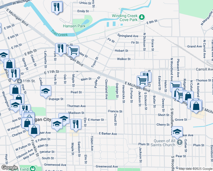 map of restaurants, bars, coffee shops, grocery stores, and more near 254 Cleveland Avenue in Michigan City