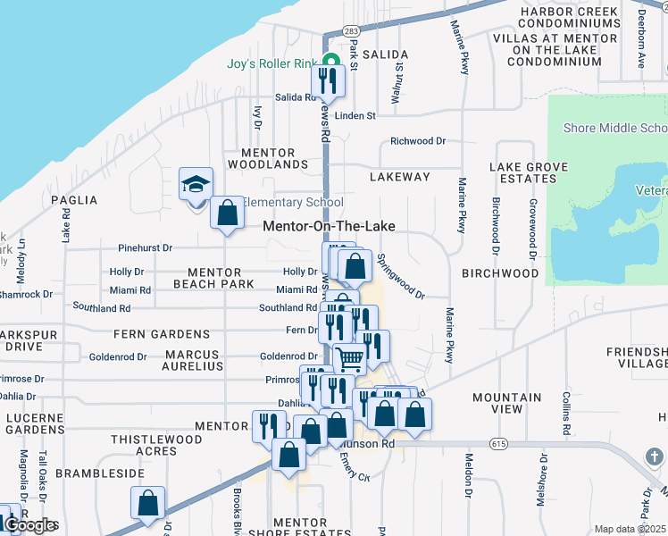 map of restaurants, bars, coffee shops, grocery stores, and more near 5892 Buckeye Lane in Mentor-on-the-Lake