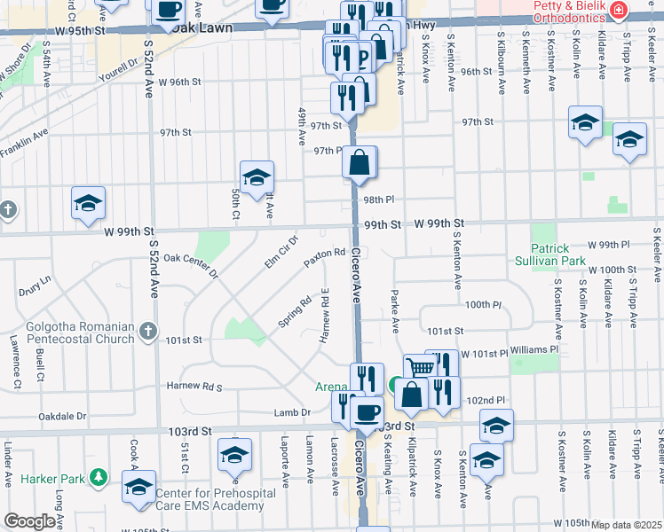 map of restaurants, bars, coffee shops, grocery stores, and more near 9929 Harnew Road East in Oak Lawn