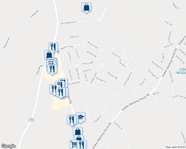 map of restaurants, bars, coffee shops, grocery stores, and more near 9 Queens Way in Sandwich