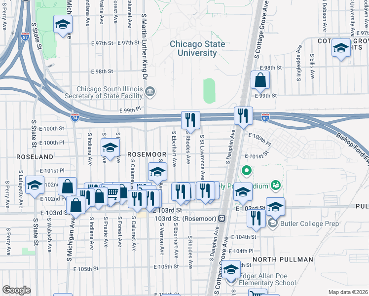 map of restaurants, bars, coffee shops, grocery stores, and more near 10024 South Rhodes Avenue in Chicago