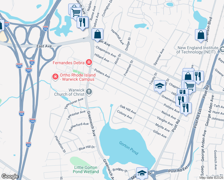 map of restaurants, bars, coffee shops, grocery stores, and more near 272 Potters Avenue in Warwick