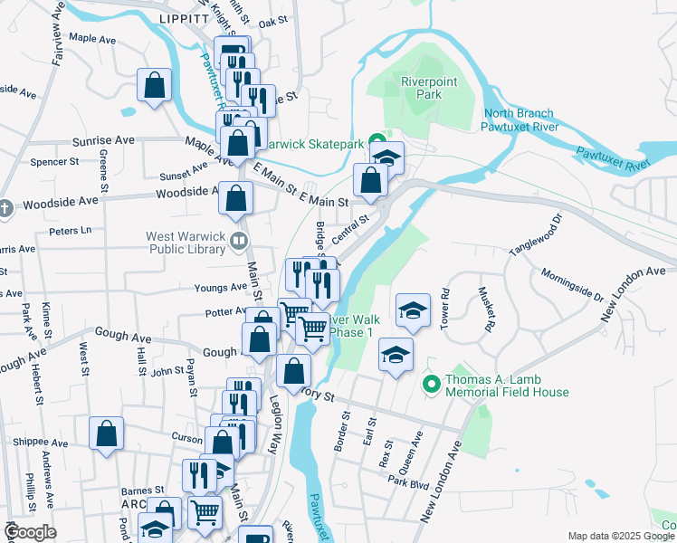 map of restaurants, bars, coffee shops, grocery stores, and more near 93 Providence Street in West Warwick