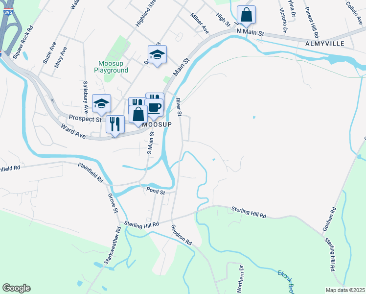 map of restaurants, bars, coffee shops, grocery stores, and more near 79 River Street in Plainfield