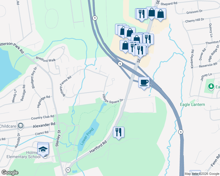 map of restaurants, bars, coffee shops, grocery stores, and more near 135-195 Village Square Drive in New Britain