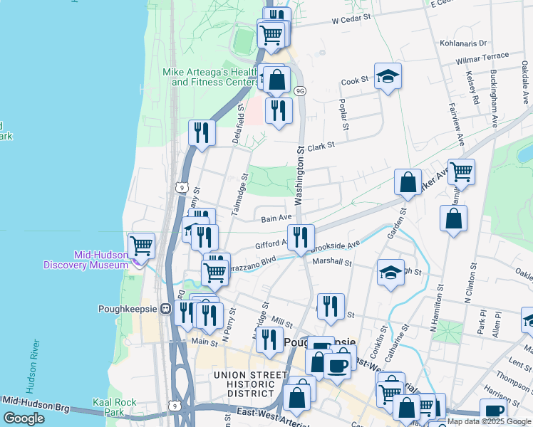 map of restaurants, bars, coffee shops, grocery stores, and more near 31 Vernon Terrace in Poughkeepsie